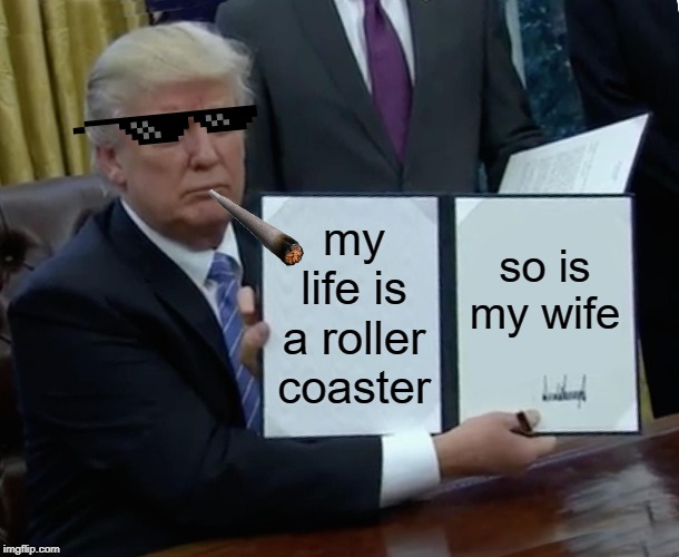 Trump Bill Signing | my life is a roller coaster; so is my wife | image tagged in memes,trump bill signing | made w/ Imgflip meme maker