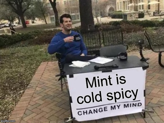 Change My Mind Meme | Mint is cold spicy | image tagged in memes,change my mind | made w/ Imgflip meme maker