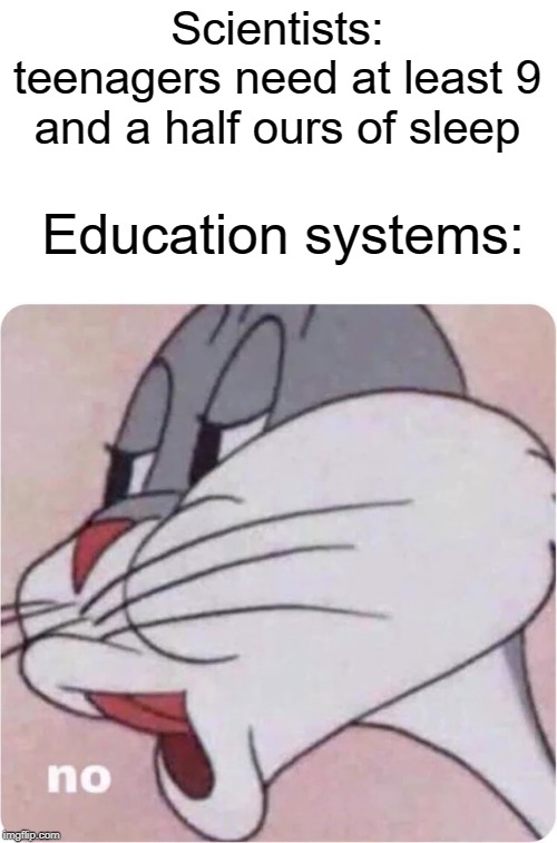 homework is preventing this | Scientists: teenagers need at least 9 and a half ours of sleep; Education systems: | image tagged in bugs bunny no,funny,memes,education,scientist,teenagers | made w/ Imgflip meme maker