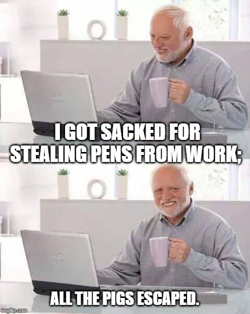 Hide the Pain Harold Meme | I GOT SACKED FOR STEALING PENS FROM WORK;; ALL THE PIGS ESCAPED. | image tagged in memes,hide the pain harold | made w/ Imgflip meme maker