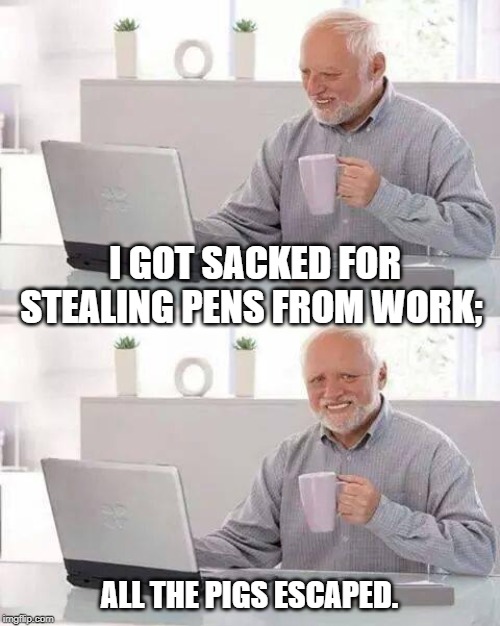 Hide the Pain Harold | I GOT SACKED FOR STEALING PENS FROM WORK;; ALL THE PIGS ESCAPED. | image tagged in memes,hide the pain harold | made w/ Imgflip meme maker