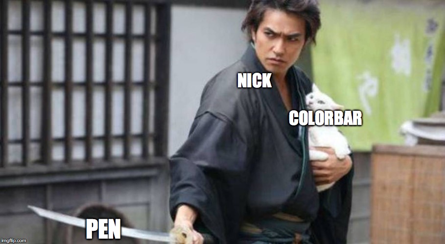 Samurai Protecting Cat | NICK; COLORBAR; PEN | image tagged in samurai protecting cat | made w/ Imgflip meme maker