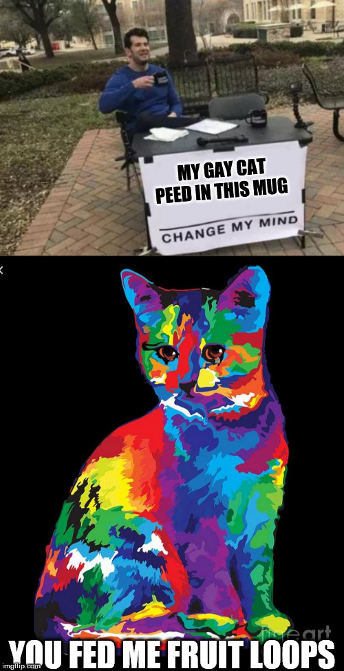 MY GAY CAT PEED IN THIS MUG YOU FED ME FRUIT LOOPS | made w/ Imgflip meme maker