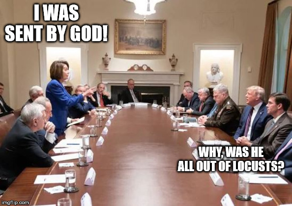 Pelosi Trump | I WAS SENT BY GOD! WHY, WAS HE ALL OUT OF LOCUSTS? | image tagged in pelosi trump | made w/ Imgflip meme maker
