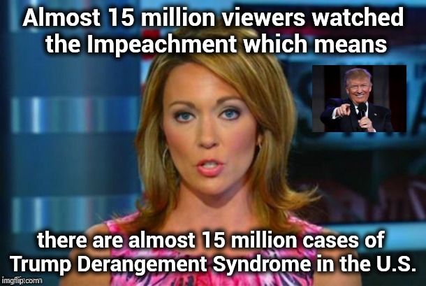 I thought this was pretty good , "politicsTOO" didn't like it | Almost 15 million viewers watched
 the Impeachment which means; there are almost 15 million cases of 
Trump Derangement Syndrome in the U.S. | image tagged in real news network,snowflakes,trump derangement syndrome,fatality,aaaaand its gone | made w/ Imgflip meme maker
