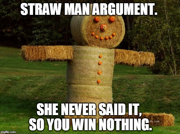 straw man | STRAW MAN ARGUMENT. SHE NEVER SAID IT, 
SO YOU WIN NOTHING. | image tagged in straw man | made w/ Imgflip meme maker