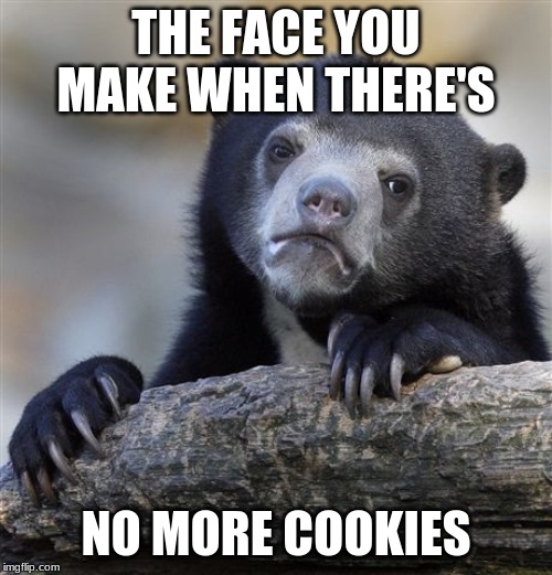 Confession Bear | THE FACE YOU MAKE WHEN THERE'S; NO MORE COOKIES | image tagged in memes,confession bear | made w/ Imgflip meme maker