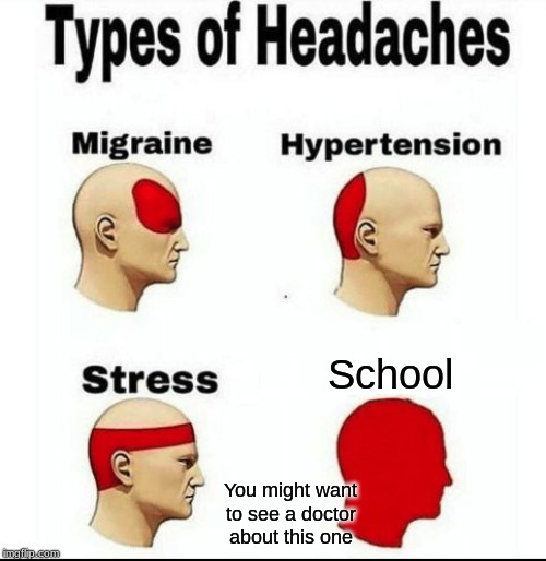 Types of Headaches meme | School; You might want to see a doctor about this one | image tagged in types of headaches meme | made w/ Imgflip meme maker