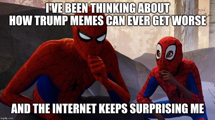 Spider-verse Meme | I'VE BEEN THINKING ABOUT HOW TRUMP MEMES CAN EVER GET WORSE; AND THE INTERNET KEEPS SURPRISING ME | image tagged in spider-verse meme | made w/ Imgflip meme maker
