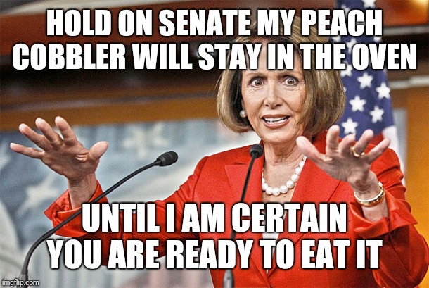 Nancy Pelosi is crazy | HOLD ON SENATE MY PEACH COBBLER WILL STAY IN THE OVEN; UNTIL I AM CERTAIN YOU ARE READY TO EAT IT | image tagged in nancy pelosi is crazy | made w/ Imgflip meme maker