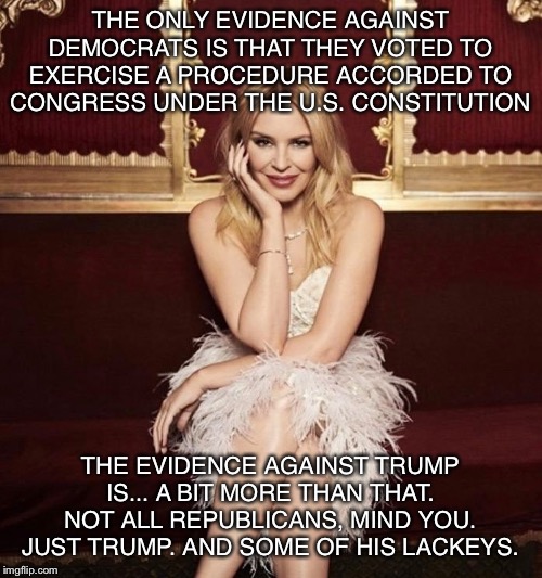 "I offer for all Democrats who voted for impeachment to immediately resign their posts!" | THE ONLY EVIDENCE AGAINST DEMOCRATS IS THAT THEY VOTED TO EXERCISE A PROCEDURE ACCORDED TO CONGRESS UNDER THE U.S. CONSTITUTION; THE EVIDENCE AGAINST TRUMP IS... A BIT MORE THAN THAT. NOT ALL REPUBLICANS, MIND YOU. JUST TRUMP. AND SOME OF HIS LACKEYS. | image tagged in kylie smirk,impeach trump,impeach,trump impeachment,impeachment,democrats | made w/ Imgflip meme maker