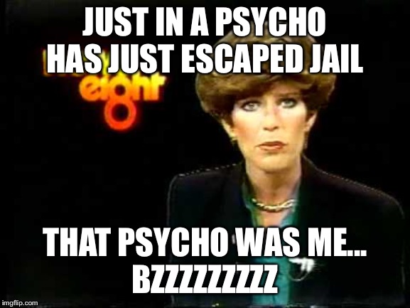 JUST IN A PSYCHO HAS JUST ESCAPED JAIL; THAT PSYCHO WAS ME...

BZZZZZZZZZ | image tagged in psycho | made w/ Imgflip meme maker