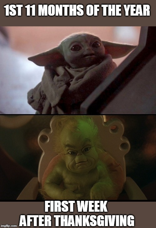 1ST 11 MONTHS OF THE YEAR; FIRST WEEK 
AFTER THANKSGIVING | image tagged in baby yoda,grinch,christmas | made w/ Imgflip meme maker