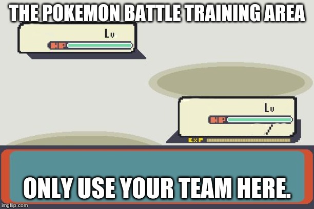 Pokemon Battle | THE POKEMON BATTLE TRAINING AREA; ONLY USE YOUR TEAM HERE. | image tagged in pokemon battle | made w/ Imgflip meme maker