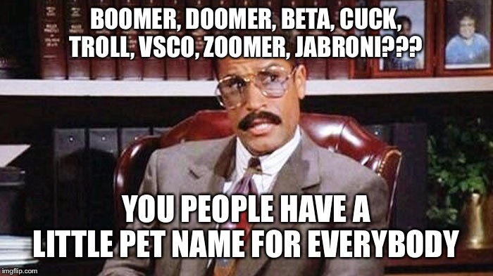 Jackie Chiles | BOOMER, DOOMER, BETA, CUCK, TROLL, VSCO, ZOOMER, JABRONI??? YOU PEOPLE HAVE A LITTLE PET NAME FOR EVERYBODY | image tagged in jackie chiles | made w/ Imgflip meme maker