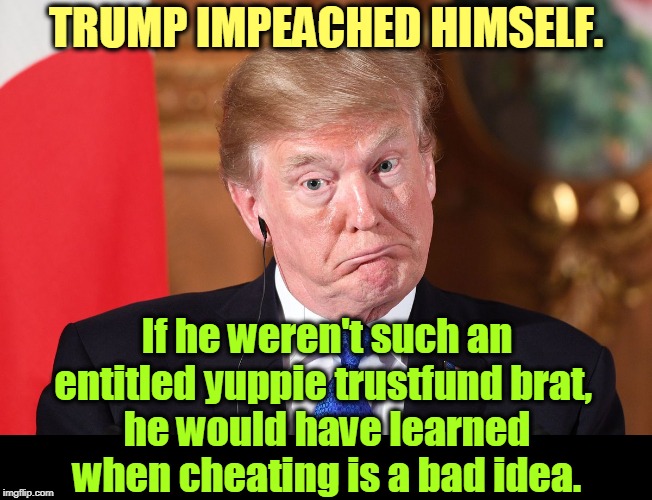 The law applies to everybody, and boy, is he surprised! | TRUMP IMPEACHED HIMSELF. If he weren't such an entitled yuppie trustfund brat, 
he would have learned when cheating is a bad idea. | image tagged in trump dumbfounded corrected,trump,impeachment,brat,cheating | made w/ Imgflip meme maker