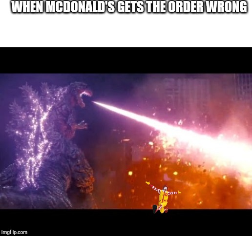 godzilla | WHEN MCDONALD'S GETS THE ORDER WRONG | image tagged in godzilla | made w/ Imgflip meme maker