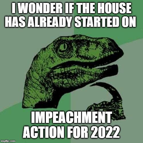 Impeachment | I WONDER IF THE HOUSE HAS ALREADY STARTED ON; IMPEACHMENT ACTION FOR 2022 | image tagged in philosoraptor,impeachment,trump,democrats,donald trump | made w/ Imgflip meme maker