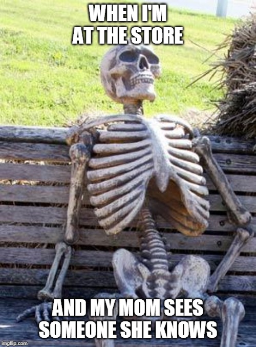 Waiting Skeleton | WHEN I'M AT THE STORE; AND MY MOM SEES SOMEONE SHE KNOWS | image tagged in memes,waiting skeleton | made w/ Imgflip meme maker