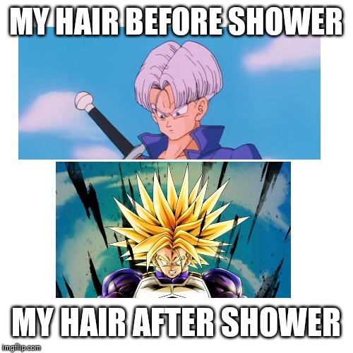 My hair before and after shower | MY HAIR BEFORE SHOWER; MY HAIR AFTER SHOWER | image tagged in memes,trunks,hair | made w/ Imgflip meme maker