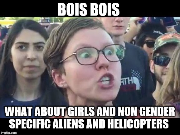 Angry sjw | BOIS BOIS WHAT ABOUT GIRLS AND NON GENDER SPECIFIC ALIENS AND HELICOPTERS | image tagged in angry sjw | made w/ Imgflip meme maker