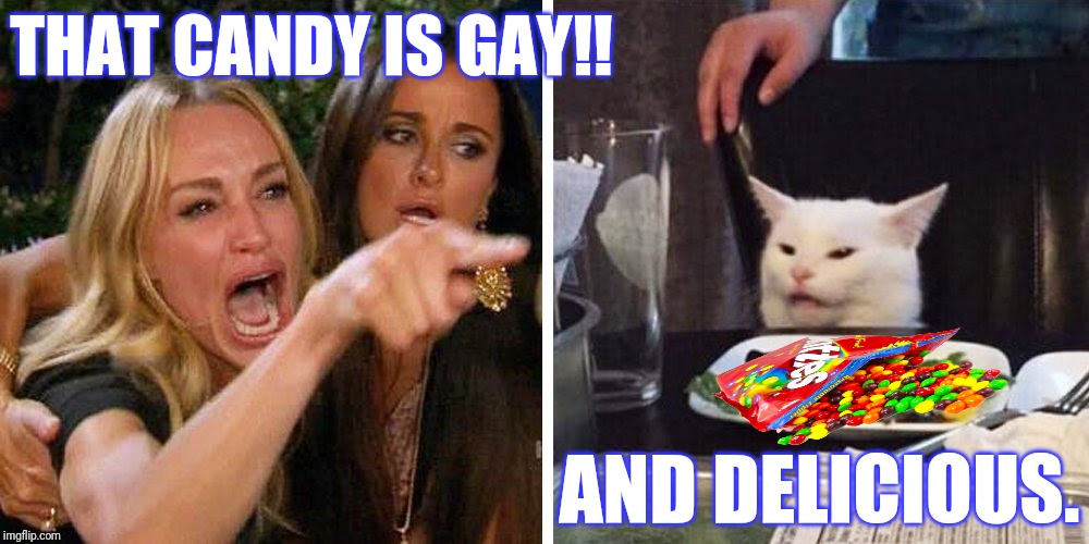 Smudge the cat | THAT CANDY IS GAY!! AND DELICIOUS. | image tagged in smudge the cat | made w/ Imgflip meme maker