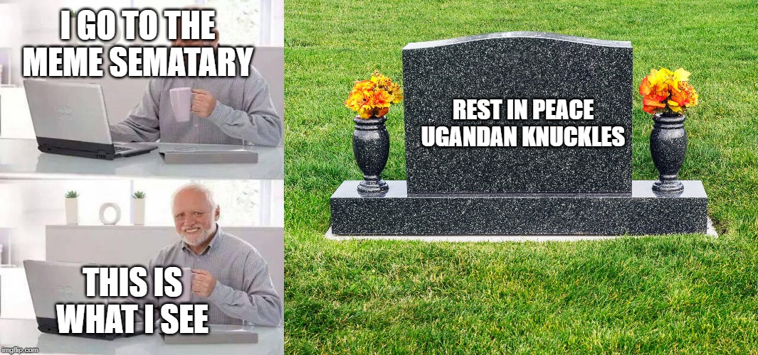 I GO TO THE MEME SEMATARY; REST IN PEACE UGANDAN KNUCKLES; THIS IS WHAT I SEE | image tagged in memes,hide the pain harold,ugandan knuckles | made w/ Imgflip meme maker