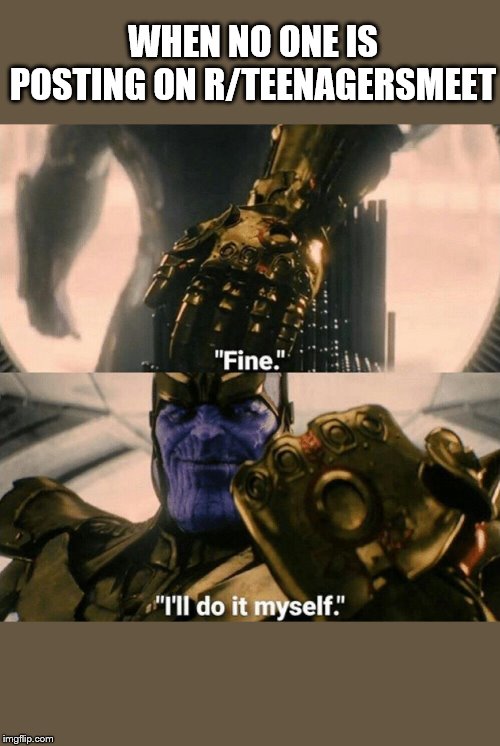 Fine I'll do it myself | WHEN NO ONE IS POSTING ON R/TEENAGERSMEET | image tagged in fine i'll do it myself | made w/ Imgflip meme maker