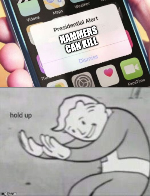 HAMMERS CAN KILL | image tagged in fallout hold up,memes,presidential alert | made w/ Imgflip meme maker