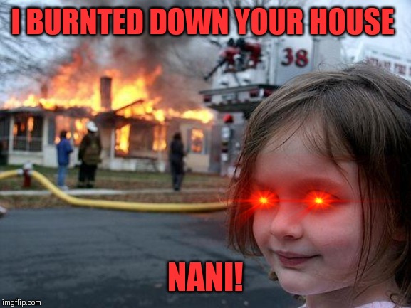 Disaster Girl Meme | I BURNTED DOWN YOUR HOUSE; NANI! | image tagged in memes,disaster girl | made w/ Imgflip meme maker