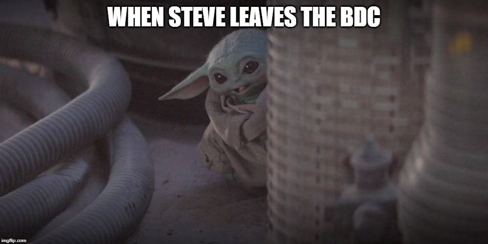 Baby Yoda Corner | WHEN STEVE LEAVES THE BDC | image tagged in baby yoda corner | made w/ Imgflip meme maker