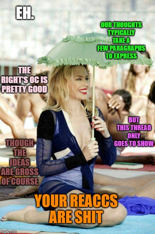 More debating Right vs. Left meme quality. | OUR THOUGHTS TYPICALLY TAKE A FEW PARAGRAPHS TO EXPRESS; EH. THE RIGHT'S OC IS PRETTY GOOD; BUT THIS THREAD ONLY GOES TO SHOW; THOUGH THE IDEAS ARE GROSS OF COURSE; YOUR REACCS ARE SHIT | image tagged in kylie slow umbrella,right wing,memes,politics lol,lol,left wing | made w/ Imgflip meme maker