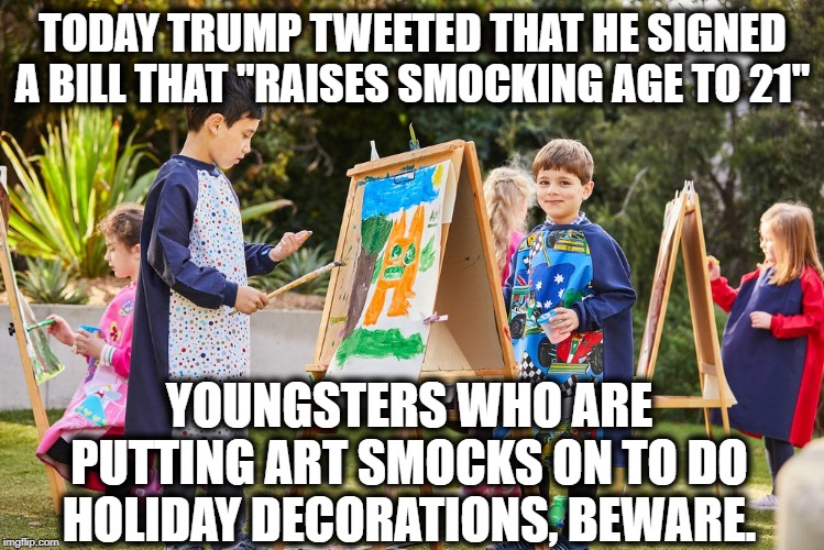 Genius President | TODAY TRUMP TWEETED THAT HE SIGNED A BILL THAT "RAISES SMOCKING AGE TO 21"; YOUNGSTERS WHO ARE PUTTING ART SMOCKS ON TO DO HOLIDAY DECORATIONS, BEWARE. | image tagged in donald trump,smoking,children,stupid,potus,impeach trump | made w/ Imgflip meme maker