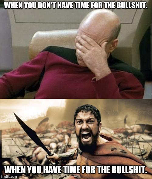 It's all about timing. | WHEN YOU DON'T HAVE TIME FOR THE BULLSHIT. WHEN YOU HAVE TIME FOR THE BULLSHIT. | image tagged in memes,sparta leonidas,captain picard facepalm | made w/ Imgflip meme maker