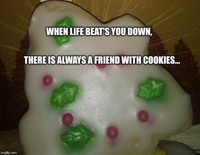 Merry Christmas | WHEN LIFE BEAT'S YOU DOWN, THERE IS ALWAYS A FRIEND WITH COOKIES... | image tagged in christmas,cookies,depression,hope,friends | made w/ Imgflip meme maker