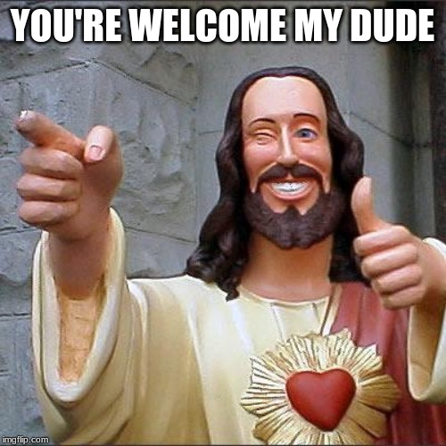 Buddy Christ Meme | YOU'RE WELCOME MY DUDE | image tagged in memes,buddy christ | made w/ Imgflip meme maker