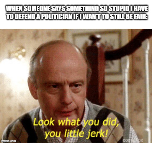 Look what you did, you little jerk | WHEN SOMEONE SAYS SOMETHING SO STUPID I HAVE TO DEFEND A POLITICIAN IF I WAN'T TO STILL BE FAIR: | image tagged in look what you did you little jerk | made w/ Imgflip meme maker