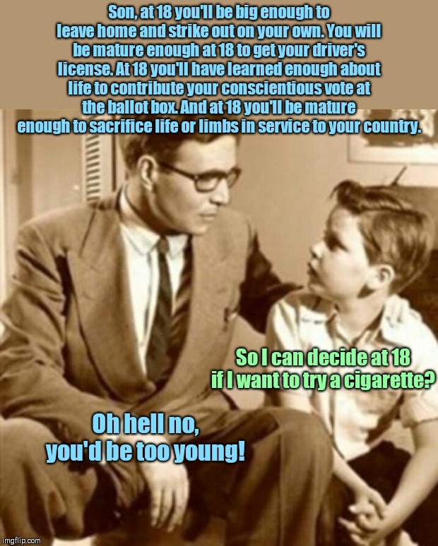 You can die for the country but don't you dare smoke! (Nanny-State law tucked into the $1.4 trillion federal spending bill) |  Son, at 18 you'll be big enough to leave home and strike out on your own. You will be mature enough at 18 to get your driver's license. At 18 you'll have learned enough about life to contribute your conscientious vote at the ballot box. And at 18 you'll be mature enough to sacrifice life or limbs in service to your country. So I can decide at 18 if I want to try a cigarette? Oh hell no, you'd be too young! | image tagged in father and son,federal spending bill 2019,congress,raising smoking age to 21,hypocrisy,nanny state laws | made w/ Imgflip meme maker
