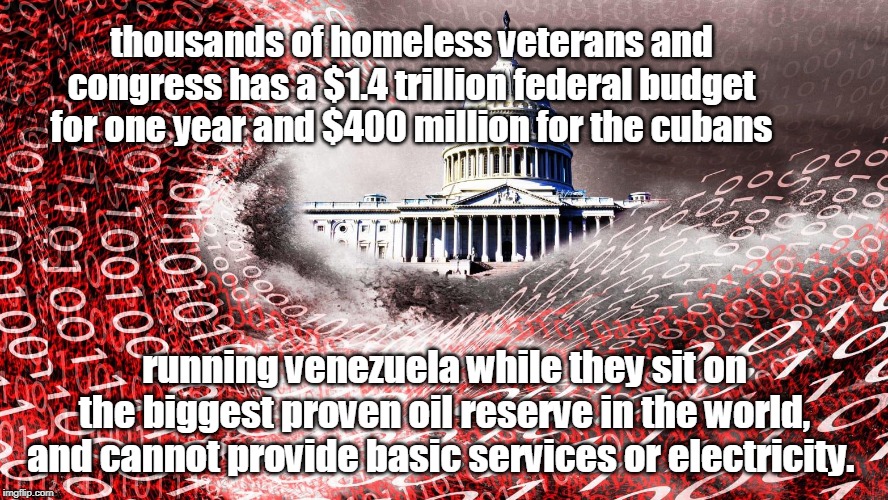 seems like the elite globalist communists have everything under control. ABC, party on. | thousands of homeless veterans and congress has a $1.4 trillion federal budget for one year and $400 million for the cubans; running venezuela while they sit on the biggest proven oil reserve in the world, and cannot provide basic services or electricity. | image tagged in ugh congress,communist socialist,federal reserve,democrat congressmen,meme event | made w/ Imgflip meme maker