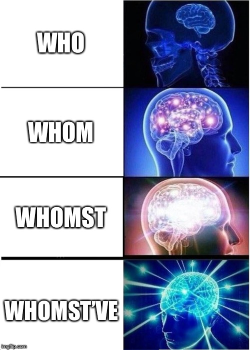 Expanding Brain Meme | WHO; WHOM; WHOMST; WHOMST’VE | image tagged in memes,expanding brain,yeah this is big brain time | made w/ Imgflip meme maker