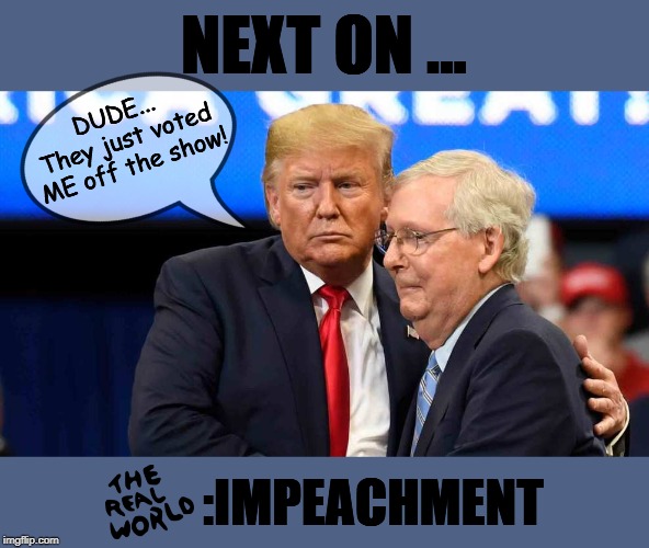 Our current political situation... | NEXT ON ... DUDE...  They just voted ME off the show! :IMPEACHMENT | image tagged in donald trump,impeachment,reality tv | made w/ Imgflip meme maker