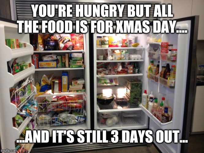 fridge | YOU'RE HUNGRY BUT ALL THE FOOD IS FOR XMAS DAY.... ...AND IT'S STILL 3 DAYS OUT... | image tagged in fridge | made w/ Imgflip meme maker