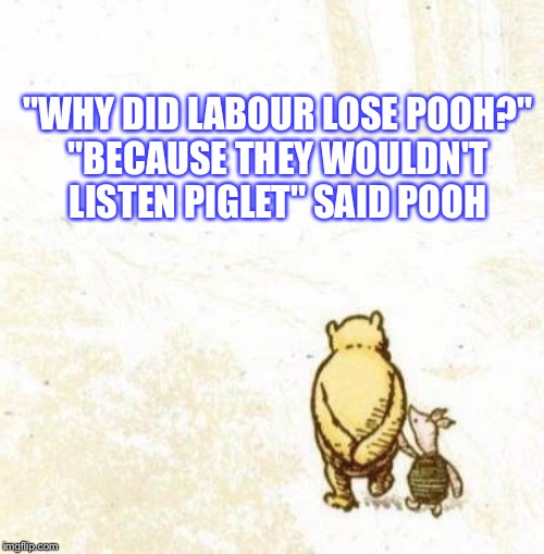 Poohsplaining | "WHY DID LABOUR LOSE POOH?"
"BECAUSE THEY WOULDN'T LISTEN PIGLET" SAID POOH | image tagged in winnie the pooh,political meme | made w/ Imgflip meme maker