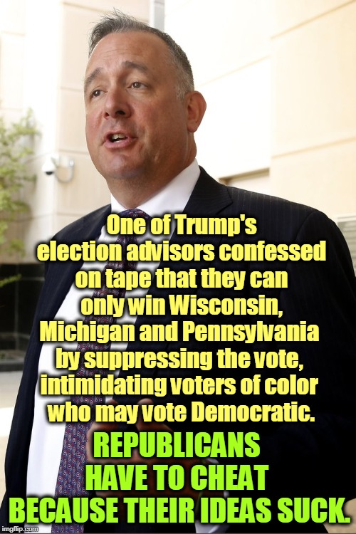 There's something about a level playing field that enrages Republicans. | One of Trump's election advisors confessed on tape that they can only win Wisconsin, Michigan and Pennsylvania 
by suppressing the vote, 
intimidating voters of color 
who may vote Democratic. REPUBLICANS 
HAVE TO CHEAT 
BECAUSE THEIR IDEAS SUCK. | image tagged in trump,voter suppression,intimidation,republican,cheating | made w/ Imgflip meme maker