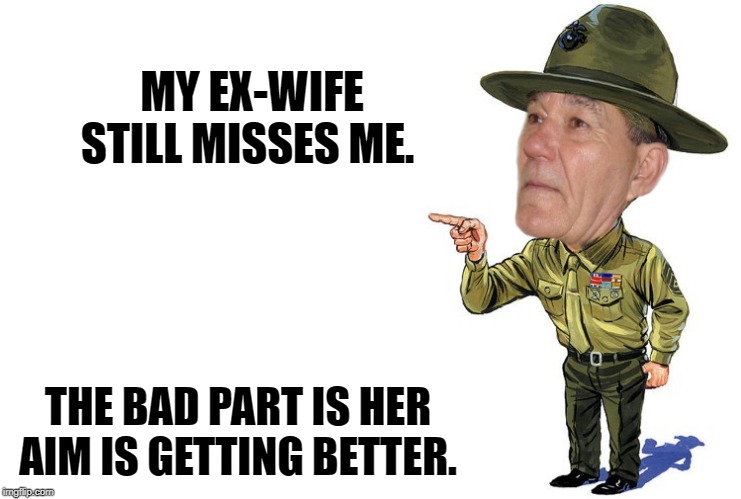 Sargent kewlew | MY EX-WIFE STILL MISSES ME. THE BAD PART IS HER AIM IS GETTING BETTER. | image tagged in sargent kewlew,dad joke | made w/ Imgflip meme maker