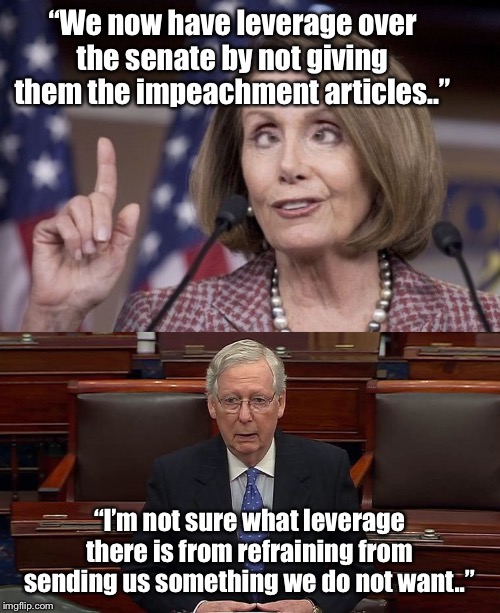 Even the turtle is mocking the houses shampeachement.  The republicans in congress have never been this united! | “We now have leverage over the senate by not giving them the impeachment articles..”; “I’m not sure what leverage there is from refraining from sending us something we do not want..” | image tagged in nancy pelosi,maga | made w/ Imgflip meme maker