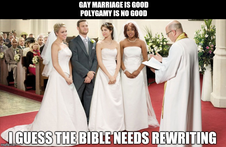 Polygamy | GAY MARRIAGE IS GOOD
POLYGAMY IS NO GOOD; I GUESS THE BIBLE NEEDS REWRITING | image tagged in polygamy | made w/ Imgflip meme maker