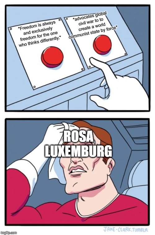 Two Buttons Meme | *advocates global civil war to to create a world communist state by force*; "Freedom is always and exclusively freedom for the one who thinks differently."; ROSA LUXEMBURG | image tagged in memes,two buttons,communist socialist,communism,socialism | made w/ Imgflip meme maker