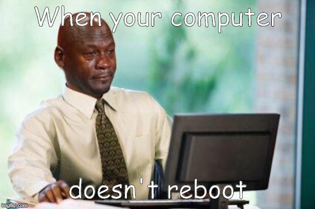 Crying Michael Jordan @ Computer | When your computer; doesn't reboot | image tagged in crying michael jordan  computer | made w/ Imgflip meme maker