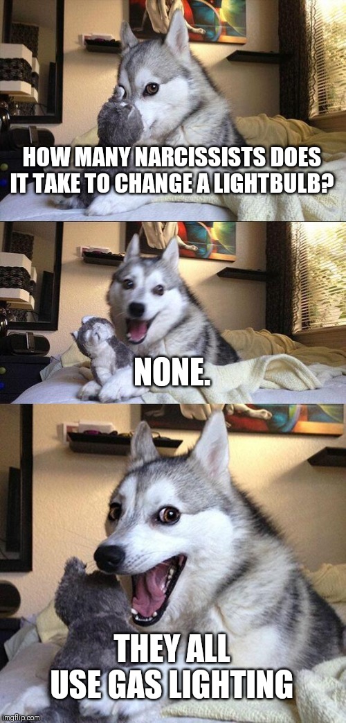 Bad Pun Dog | HOW MANY NARCISSISTS DOES IT TAKE TO CHANGE A LIGHTBULB? NONE. THEY ALL USE GAS LIGHTING | image tagged in memes,bad pun dog | made w/ Imgflip meme maker